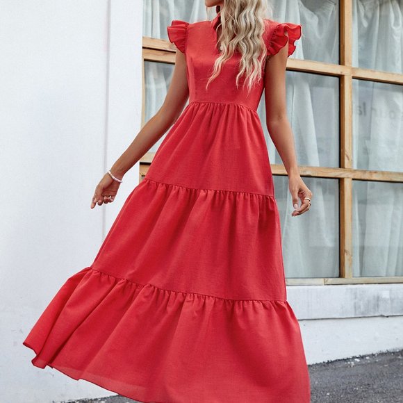 New Stand Collar Cap Sleeve Ruffle Hem Dress Red - Picture 4 of 6